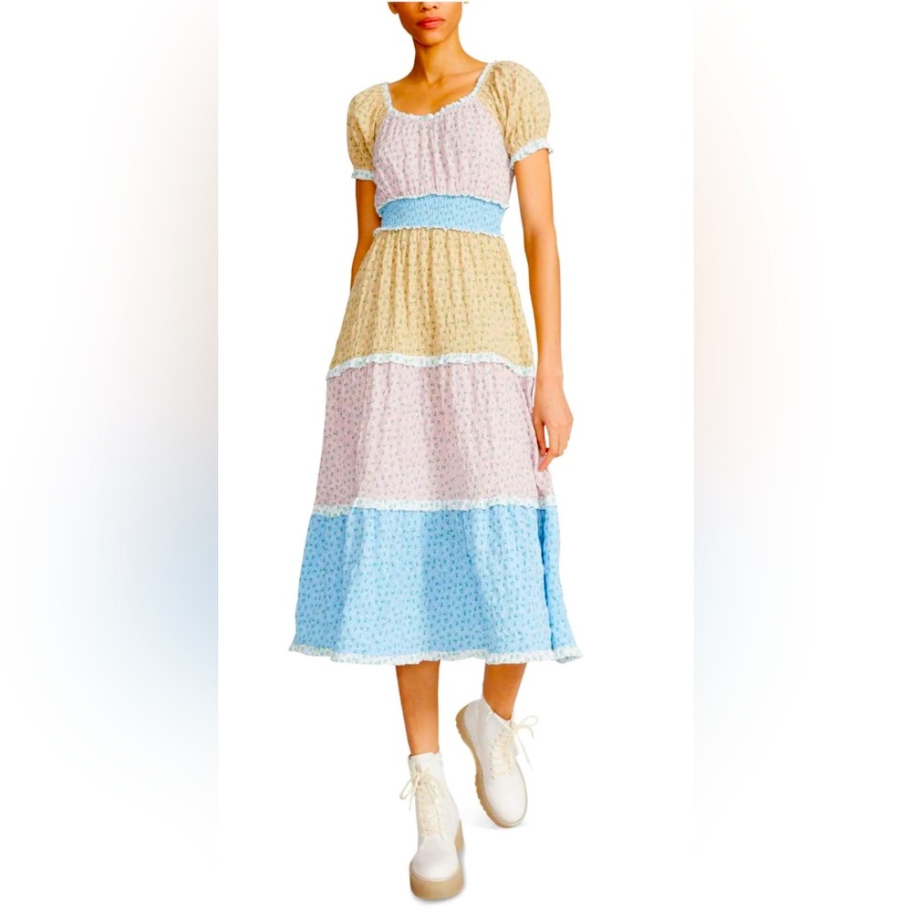 Pastel Tiered Midi Dress with Puff Sleeves - Blue, Pink, Cream